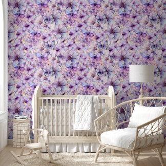 Papier Peint Fleurs pourpres et lavandes et papillons