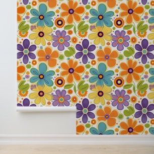 Papier Peint Fleurs rétro Lilac orange et vert