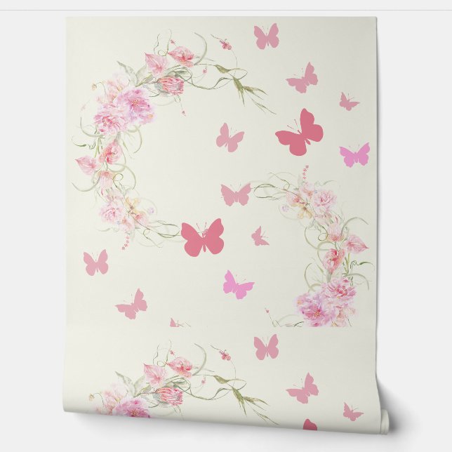 Papier Peint Fleurs roses, Papillons, Arrière - plan rose pâle (Déroulement)