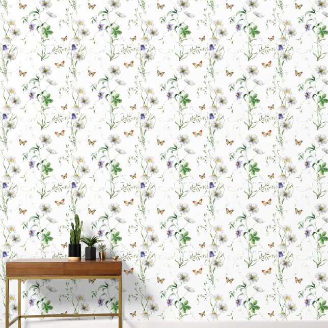 Papier Peint Fleurs sauvages et papillons en blanc (Couloir)