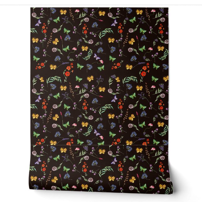 Papier Peint Fleurs sauvages romantiques et papillons noirs (Déroulement)