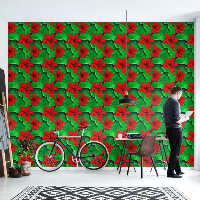 Papier Peint Fleurs tropicales côtières rouge vert Hawaiian chi (Salon)