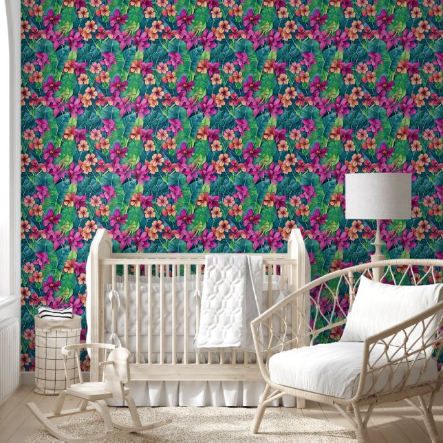 Papier Peint Fleurs tropicales jungle feuille aloha hawaïen chi (Enfants)