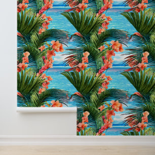 Papier Peint Fleurs tropicales palmier île bleu mer motif