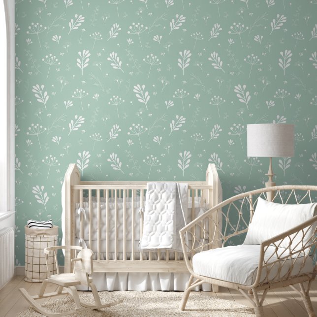 Papier Peint Fleurs vertes épurées minimes Feuilles motif flora (Enfants)