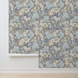 Papier Peint Fleurs Vintage Feuilles Baies Branches Gris Froid