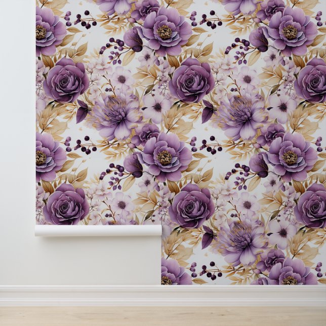 Papier Peint Fleurs Violettes Et Feuilles D'Or Peel Et Bâton (Application)