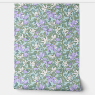 Papier Peint Fleurs violettes pastel douces et feuilles verts s