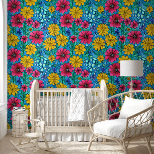 Papier Peint Fleurs vives Rose Jaune Bleu Bleu Beau motif