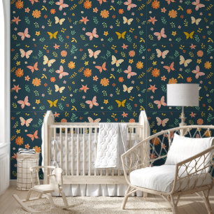 Papier Peint Fleurs Whimsy Papillons Turquoise Arrière - plan F