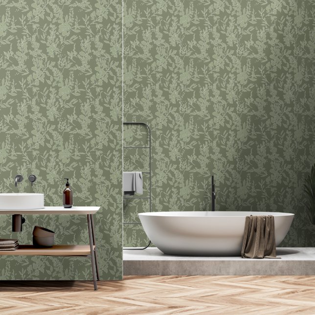 Papier Peint Flora textured wallpaper in olive green  (Salle de bain)