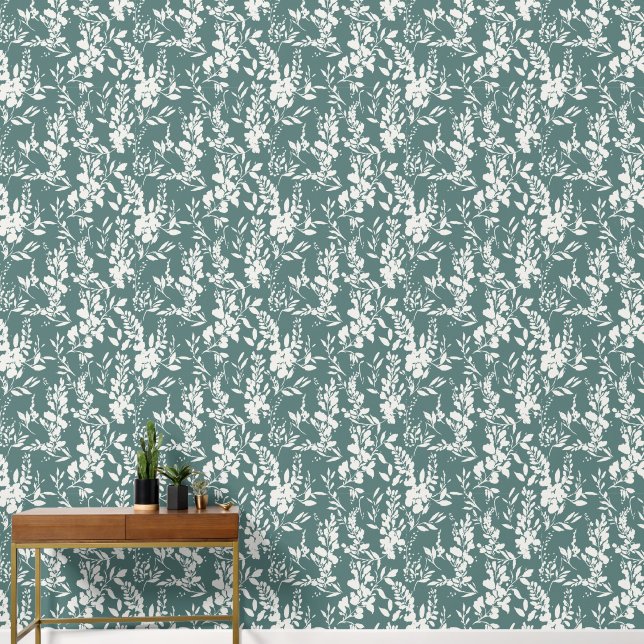 Papier Peint Flora wallpaper in teal and white  (Couloir)