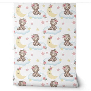 Papier Peint Floral Bébé Ours Nuage étoiles Lune Bois Animaux