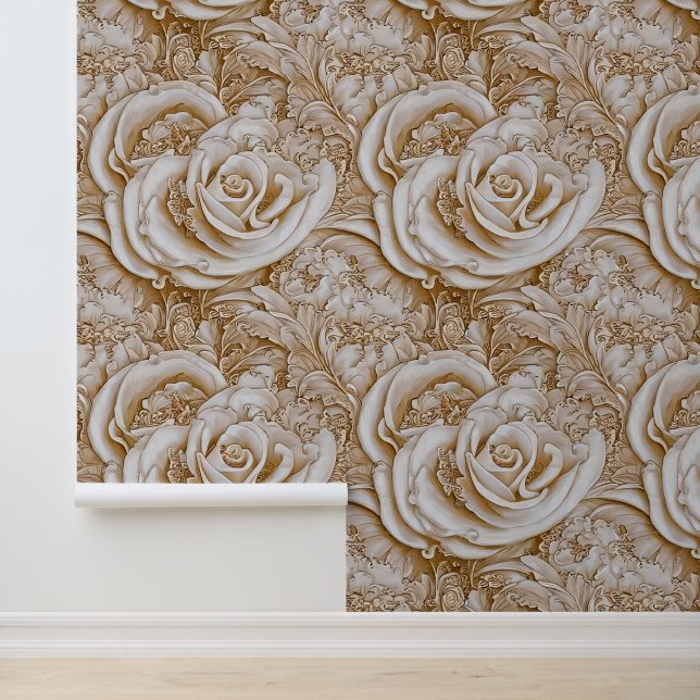 Papier Peint Floral blanc beige crème pivoine rose 3D motif (Application)