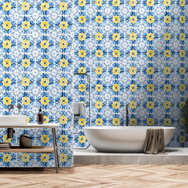 Papier Peint Floral Bleu Jaune Carrelage Méditerranéen Design (Salle de bain)