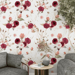 Papier peint floral bordeaux à décoller et coller