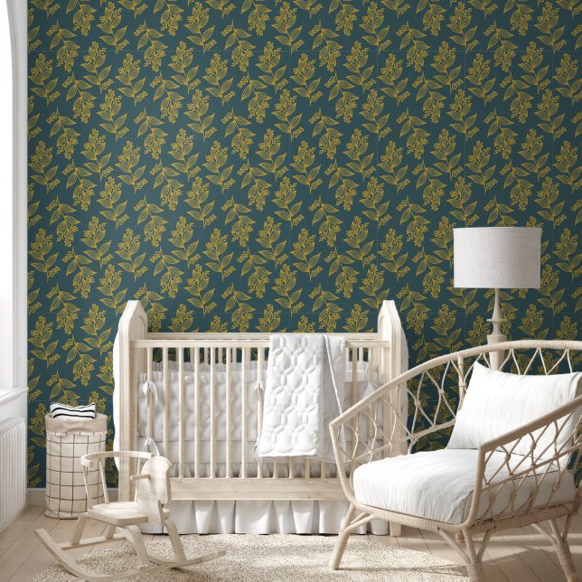 Papier Peint Floral botanique gris-or (Enfants)