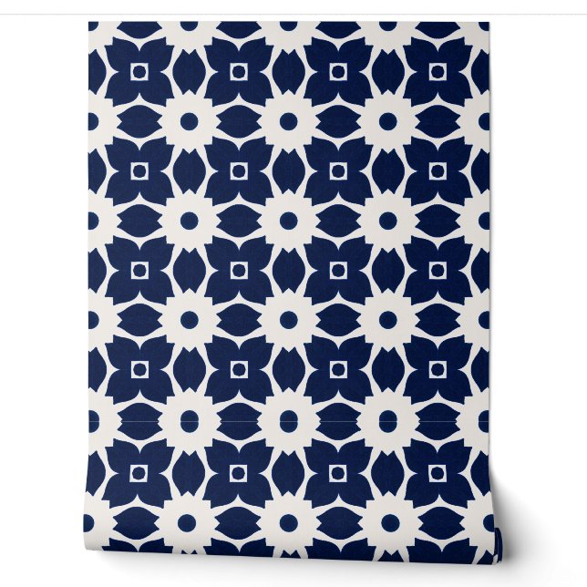 Papier Peint Floral géométrique bleu et blanc de la Marine (Déroulement)