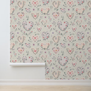 Papier Peint Floral Heart Motif Pastel Design