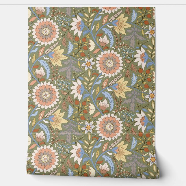 Papier Peint Floral indien Boho avec arrière - plan vert olive (Déroulement)