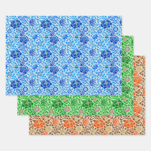 Papier peint floral jacobéen, bleu, vert et orange
