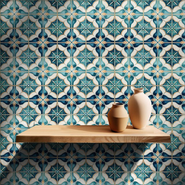 Papier Peint Floral Marocain Carrelage Motif#1 Turquoise Blanc  (Créateur téléchargé)