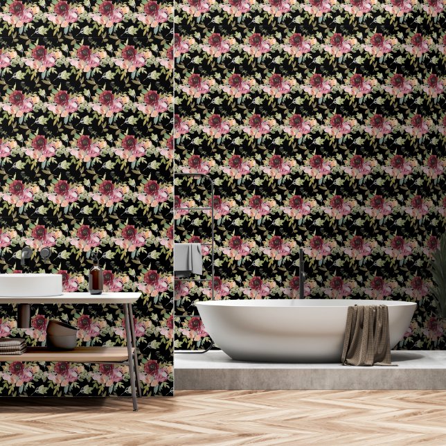 Papier Peint Floral rouge rose noir (Salle de bain)