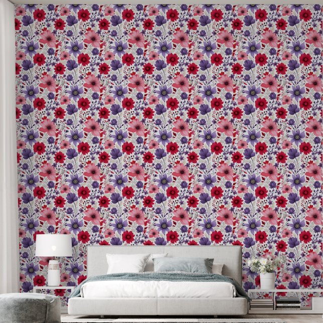 Papier Peint Floral rouge violet rose (Chambre à coucher)