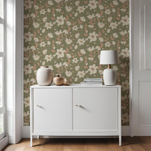 Papier Peint Floral Sage Vert Beige Lys Motif botanique