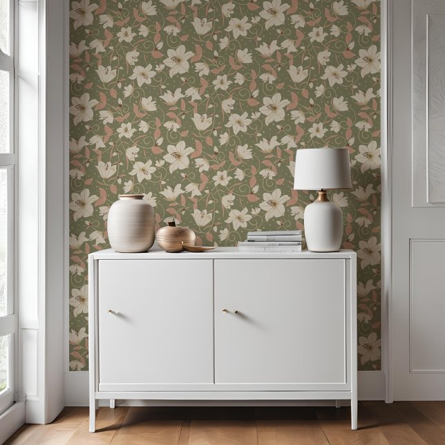 Papier Peint Floral Sage Vert Beige Lys Motif botanique (Créateur téléchargé)