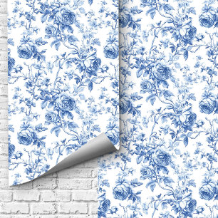 Papier peint floral Toile de Jouy bleue classique