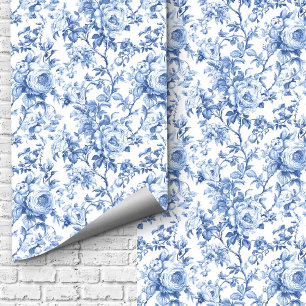 Papier peint floral toile de Jouy bleue romantique