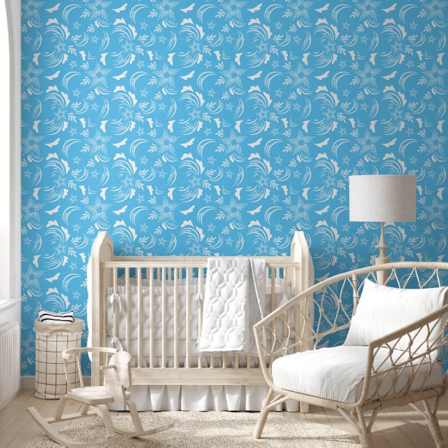 Papier Peint Flore blanche avec Arrière - plan bleu ciel (Enfants)