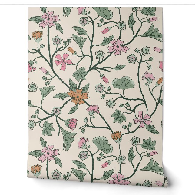 Papier Peint Flore - Mallow - Malva - Sage Green et (Déroulement)