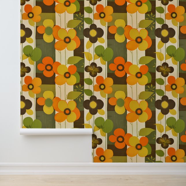Papier Peint Flore style rétro dégoûté dans les tons terre (Application)