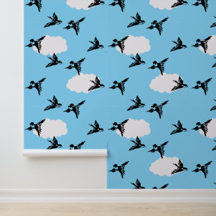 Papier Peint Flying Birds Silhouettes and Clouds Design