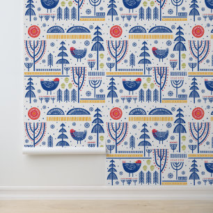 Papier Peint Folk Art Winter Bird Motif