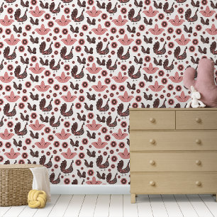 Papier Peint Folklore scandinave rustique Oiseaux nordiques