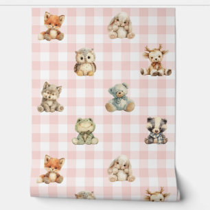 Papier Peint Forêt boisée Animaux Pink Plaid Baby Girl
