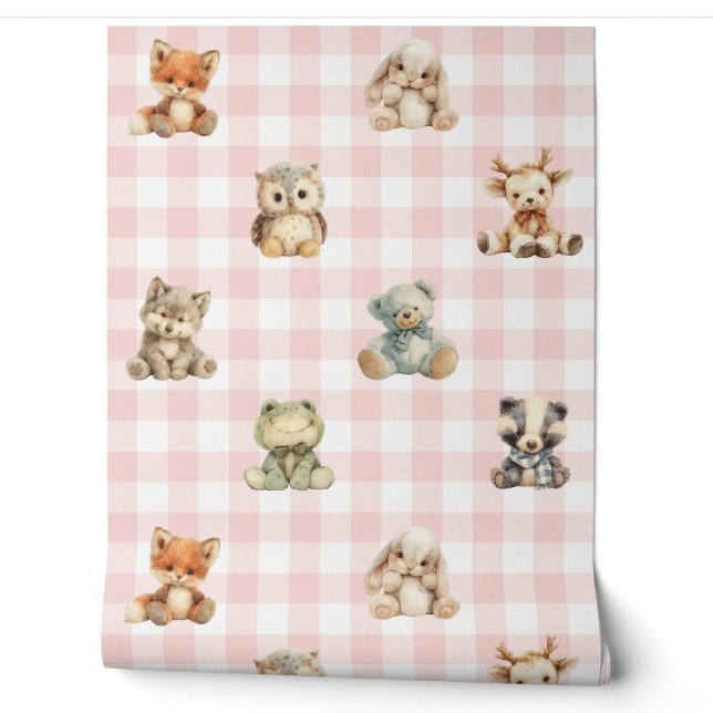 Papier Peint Forêt boisée Animaux Pink Plaid Baby Girl (Déroulement)