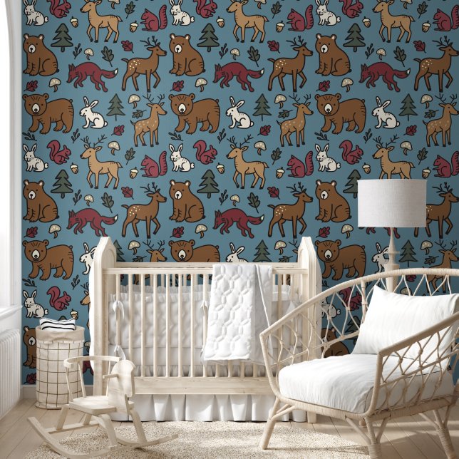 Papier Peint Forêt boisée Doodle Animaux Crème (Enfants)