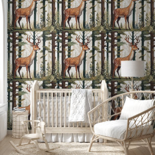 Papier Peint Forêt de cerfs Whimsical Motifs d'arbres Pittoresq