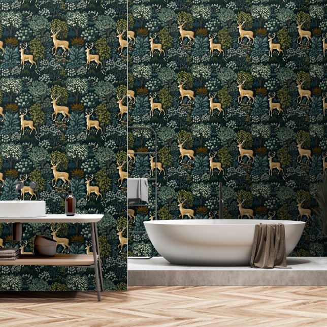Papier Peint Forêt et cerf, inspiré William Morris Design (Salle de bain)