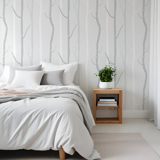 Papier Peint Forêt minimaliste de bouleaux gris et blancs (Modern Minimal Grey & White Birch Tree Forest Wallpaper)