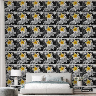 Papier Peint Frangipani Blanc Noir Avec Fleur Pop Jaune,