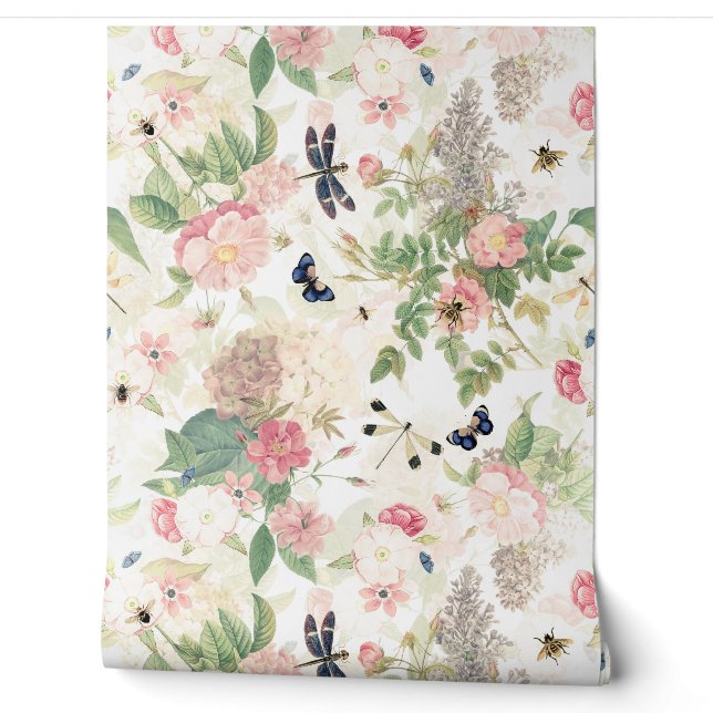 Papier Peint French Rococo Redouté Jardin Rose Et Fleurs (Déroulement)