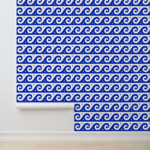 Papier Peint Fret grec, Motif d'onde méditerranéen, Bleu