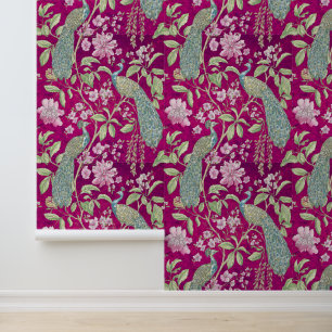 Papier Peint Fuchsia Chinoiserie paon peigne et bâton floral