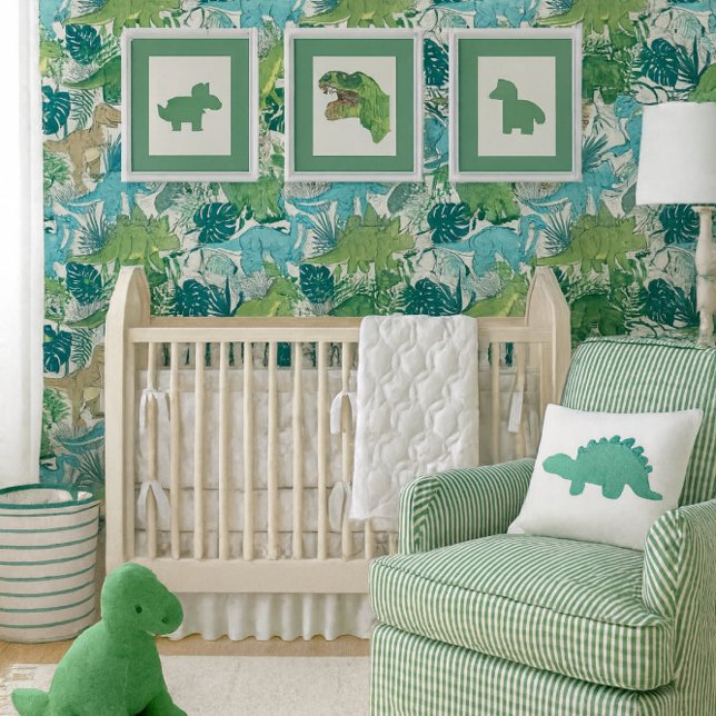 Papier Peint Fun Boys Dinosaurs Blue Green Seamless  (Dinosaur wallpaper in fresh blues and greens creates a bold, playful focal wall for a modern nursery)