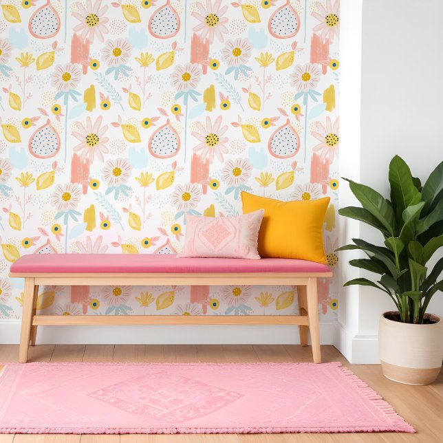 Papier Peint Fun Citrus Lemon Pomegranate Fruit Floral Motif (Fun Citrus Lemon Pomegranate Fruit Floral Pattern Wallpaper)